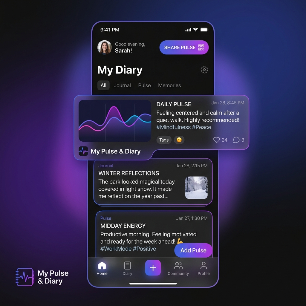 My Pulse mobile interface displaying daily diaries and dynamic sharing actions